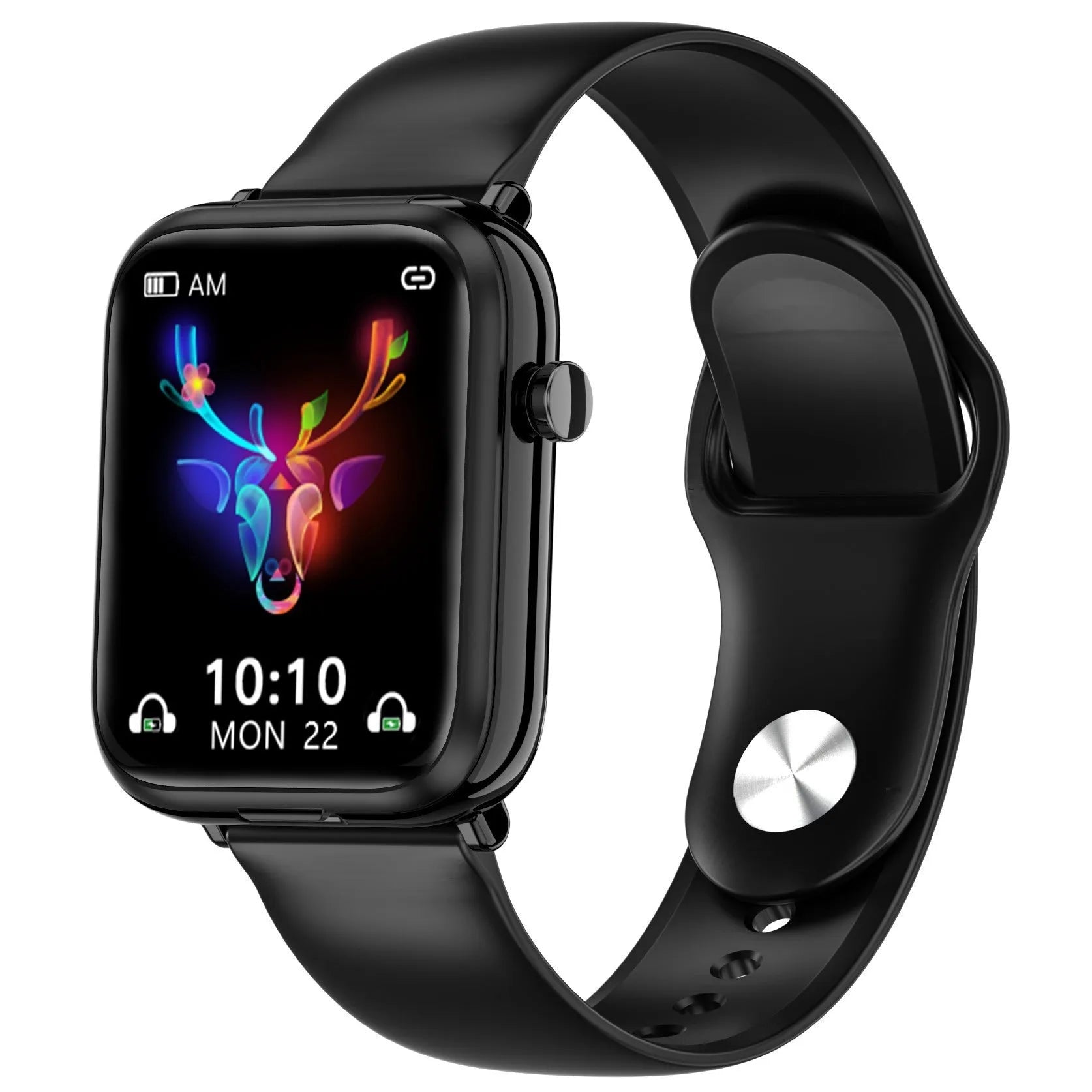Black all-touch smartwatch with integrated Bluetooth earpieces and a 1.69-inch screen.