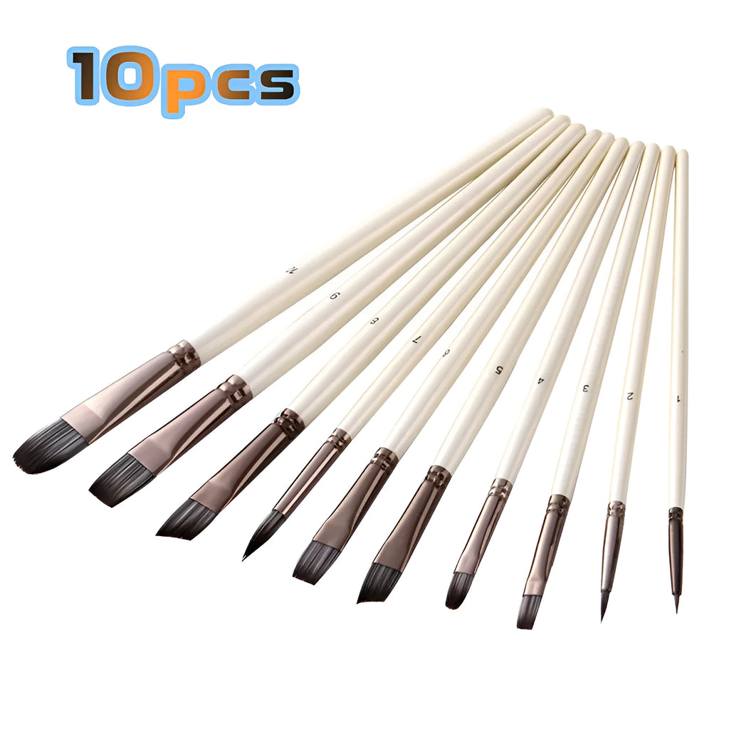 Set of ten pearl white and black nylon watercolour brushes with wooden handles.