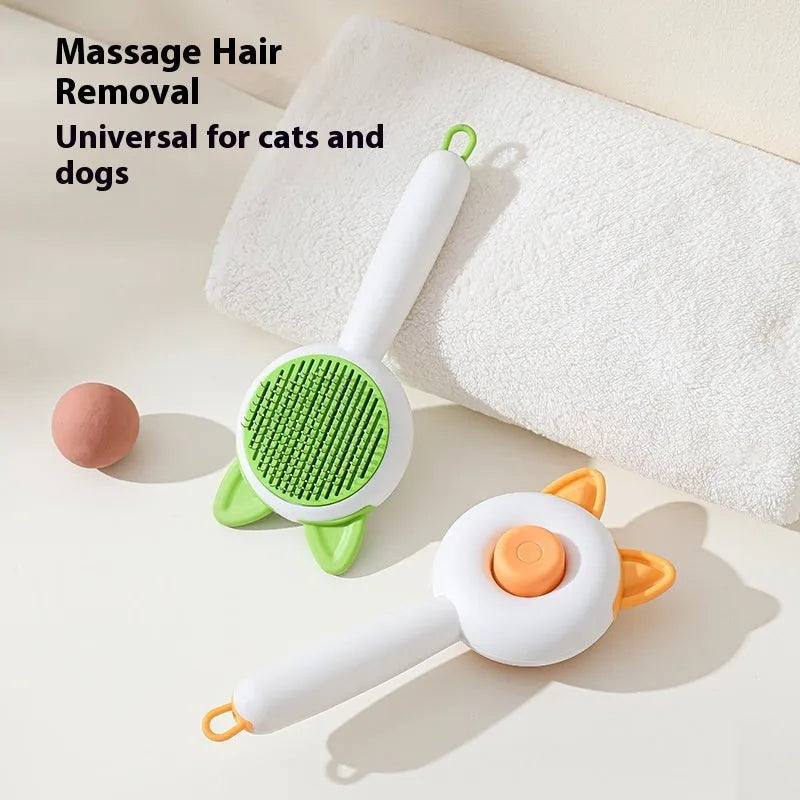 Self-cleaning cat grooming brush with stainless steel bristles in greenish white and orange white colour options