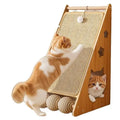 Vertical wall-mounted cat scratch board with sisal surface and a dangling teasing ball.