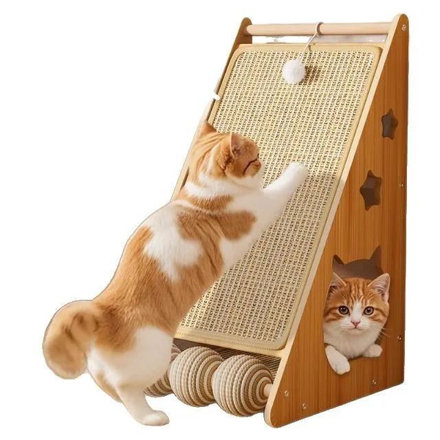 Vertical wall-mounted cat scratch board with sisal surface and a dangling teasing ball.