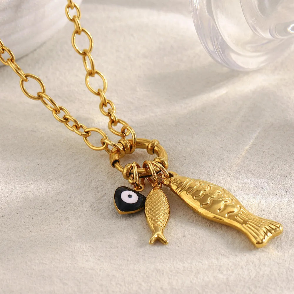 Stainless Steel Plated 18K Gold Necklace Little Fish Spring Fastener Animal O-Shaped Chain for Women Affordable Luxury Style Gold