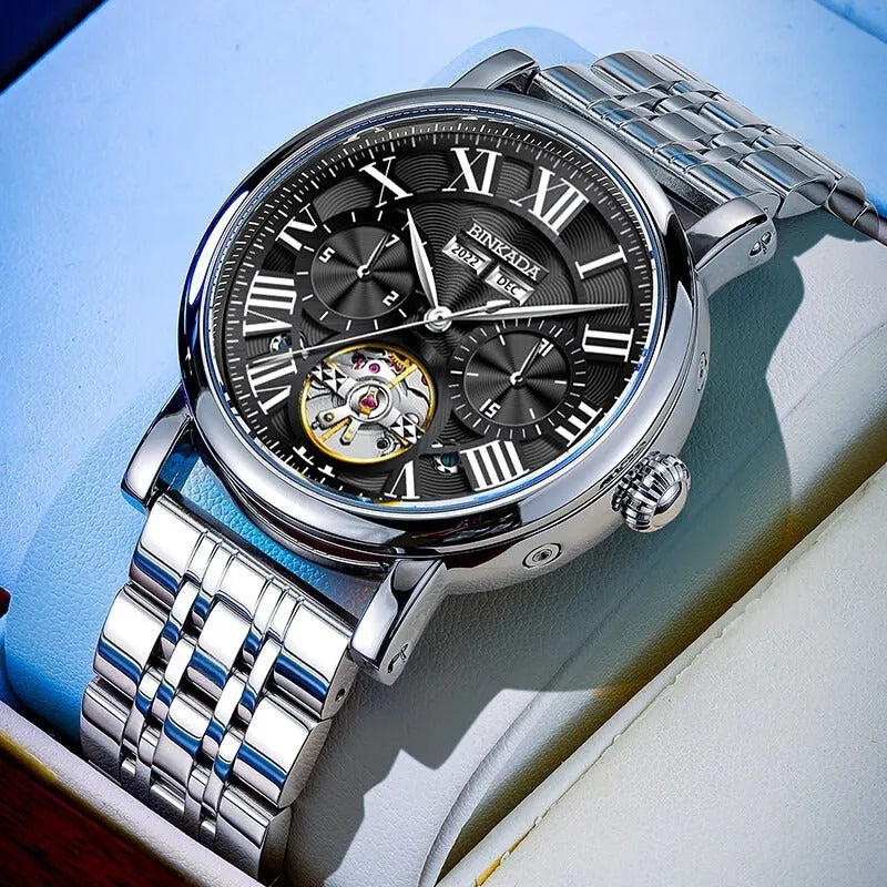 Men's steel automatic watch with business style dial on a choice of black or white steel strap.