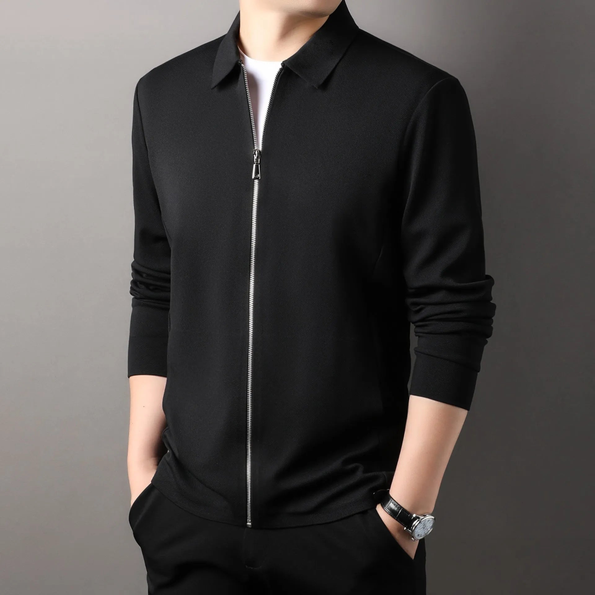 Men's polyester jacket in black, dark grey and apricot colours with straight hem design