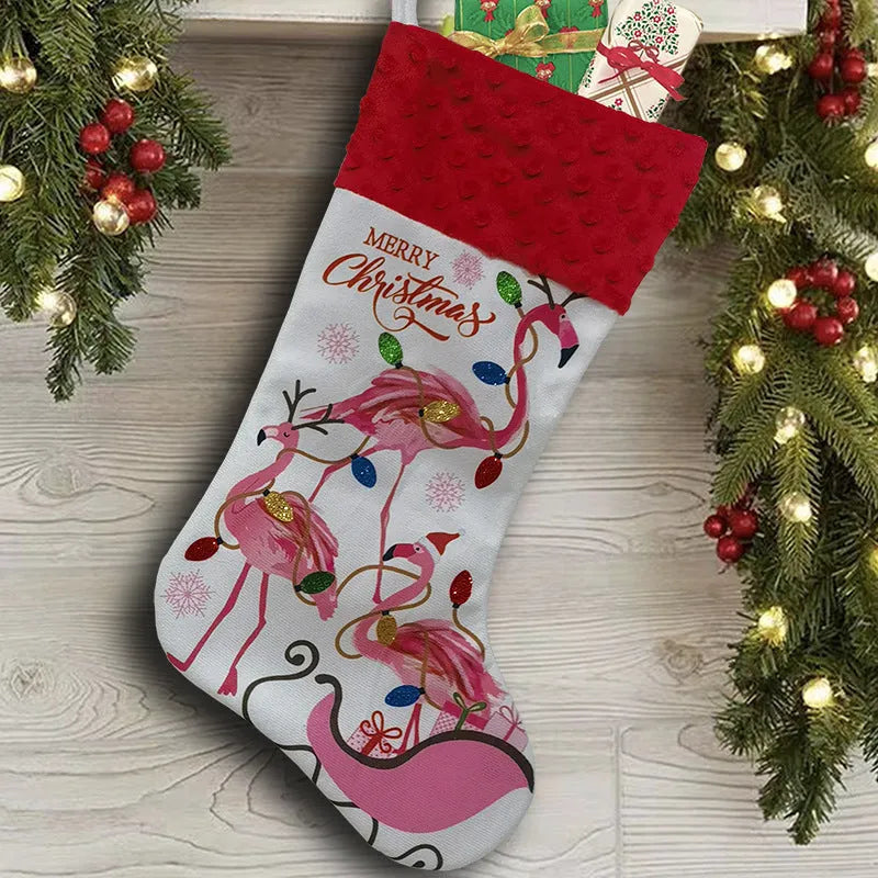 Large flamingo-patterned red Christmas stocking hanging decoration measuring 46 by 28 centimetres