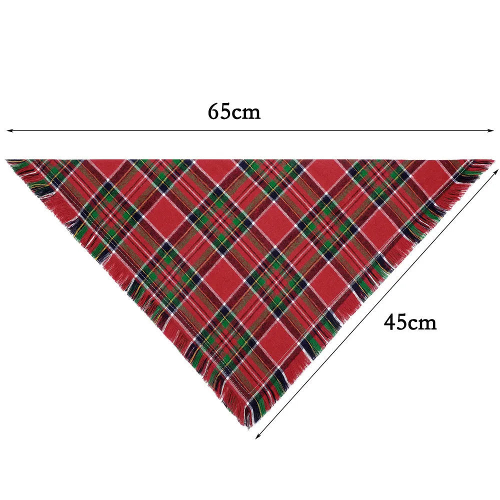 Plaid triangle dog bandana with tassels in autumn colours like orange and brown