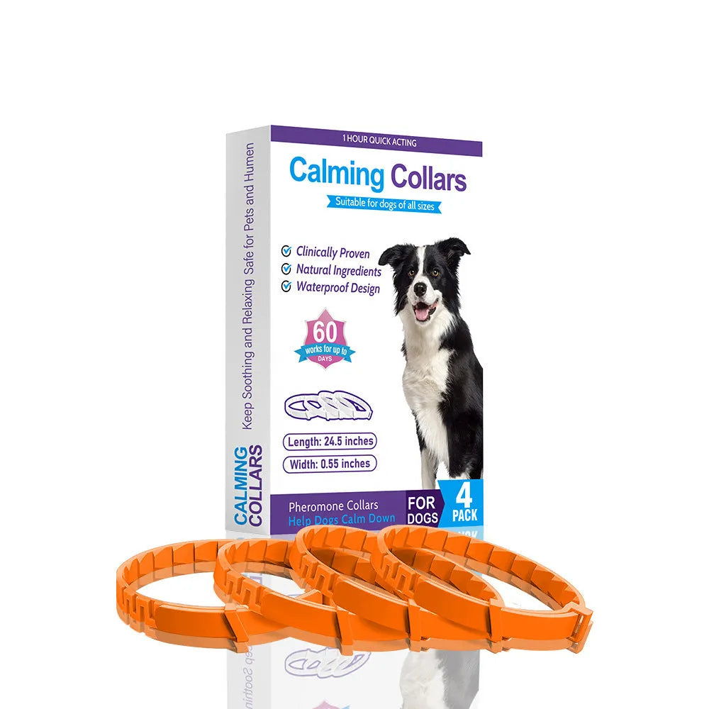 Four-pack of monochrome patterned dog anxiety relief collars in assorted colours on a white background.