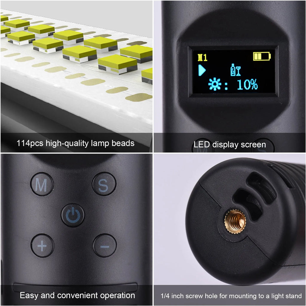 Handheld LED photography fill light with adjustable colour temperature and RGB lighting modes