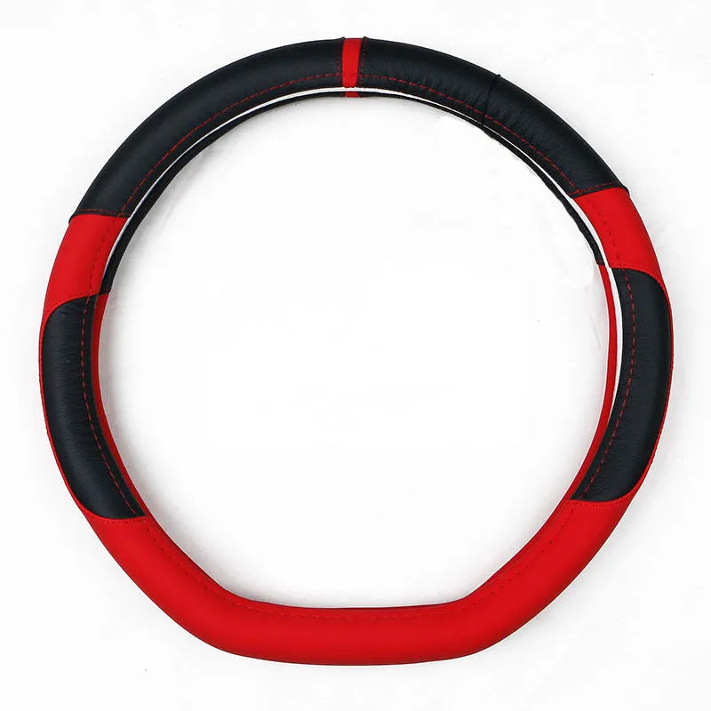 Leather steering wheel cover showing round and D-shaped styles in multiple colours for 38cm diameter wheels