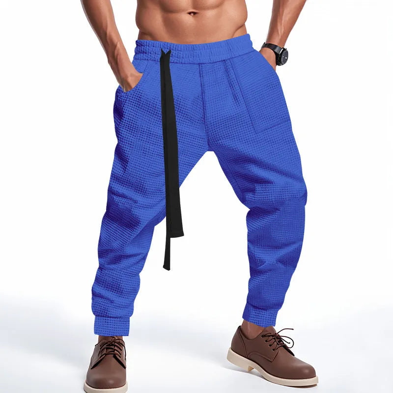 Men's waffle casual trousers, mid-rise straight leg polyester blend, in black, khaki, light grey, blue or white
