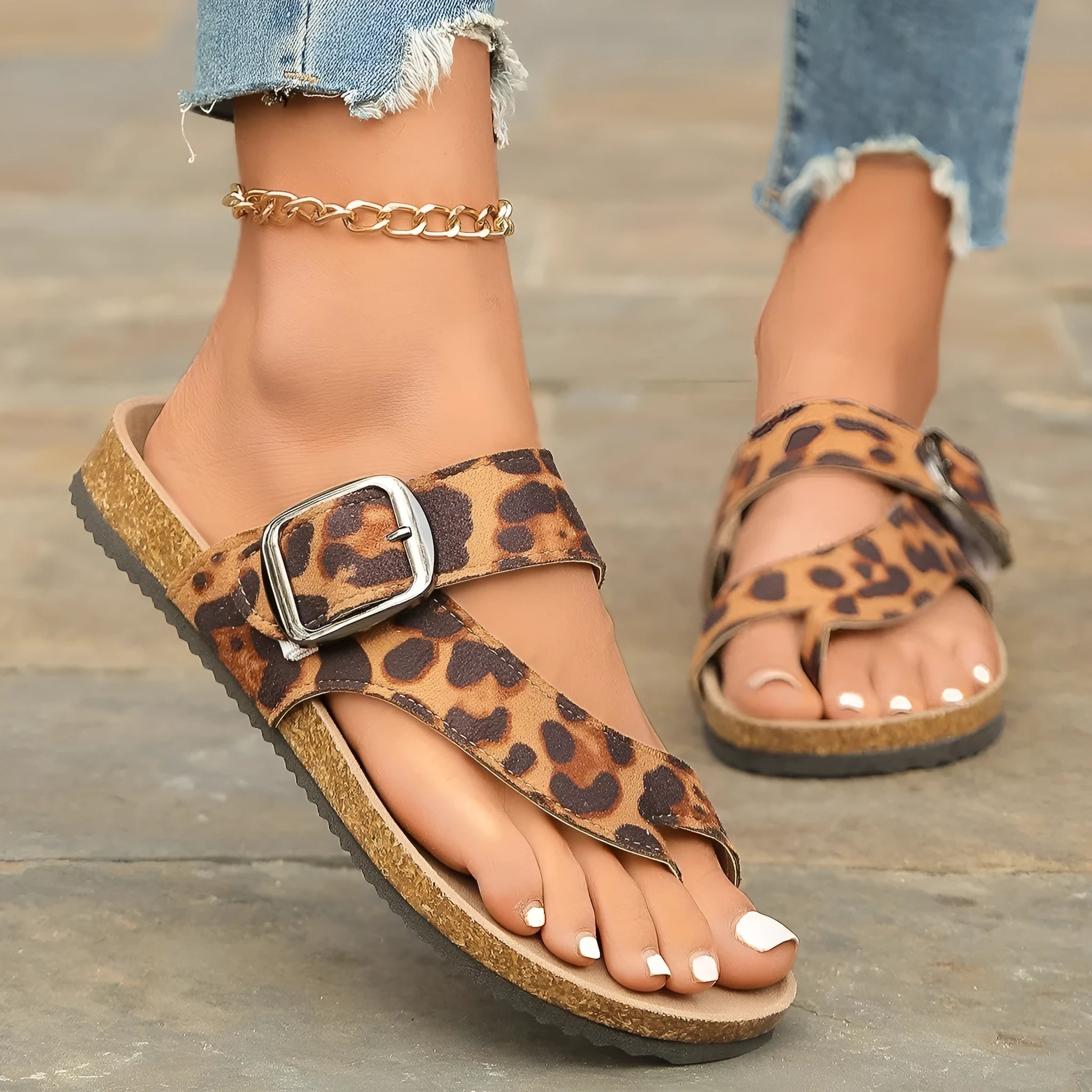 Leopard print Roman style slippers with toe covering and wooden sole
