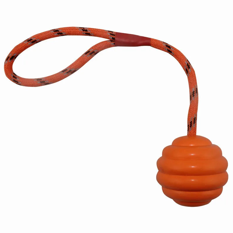 Red rubber dog chew ball with blue rope knot, measuring 6x30cm.