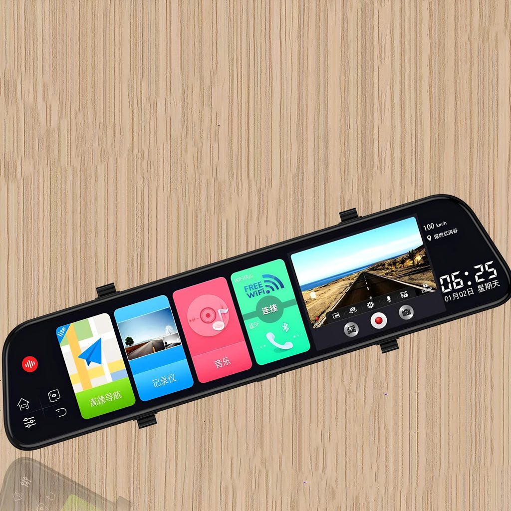 12-inch touchscreen rearview mirror tachograph with dual camera lenses for car recording and GPS navigation