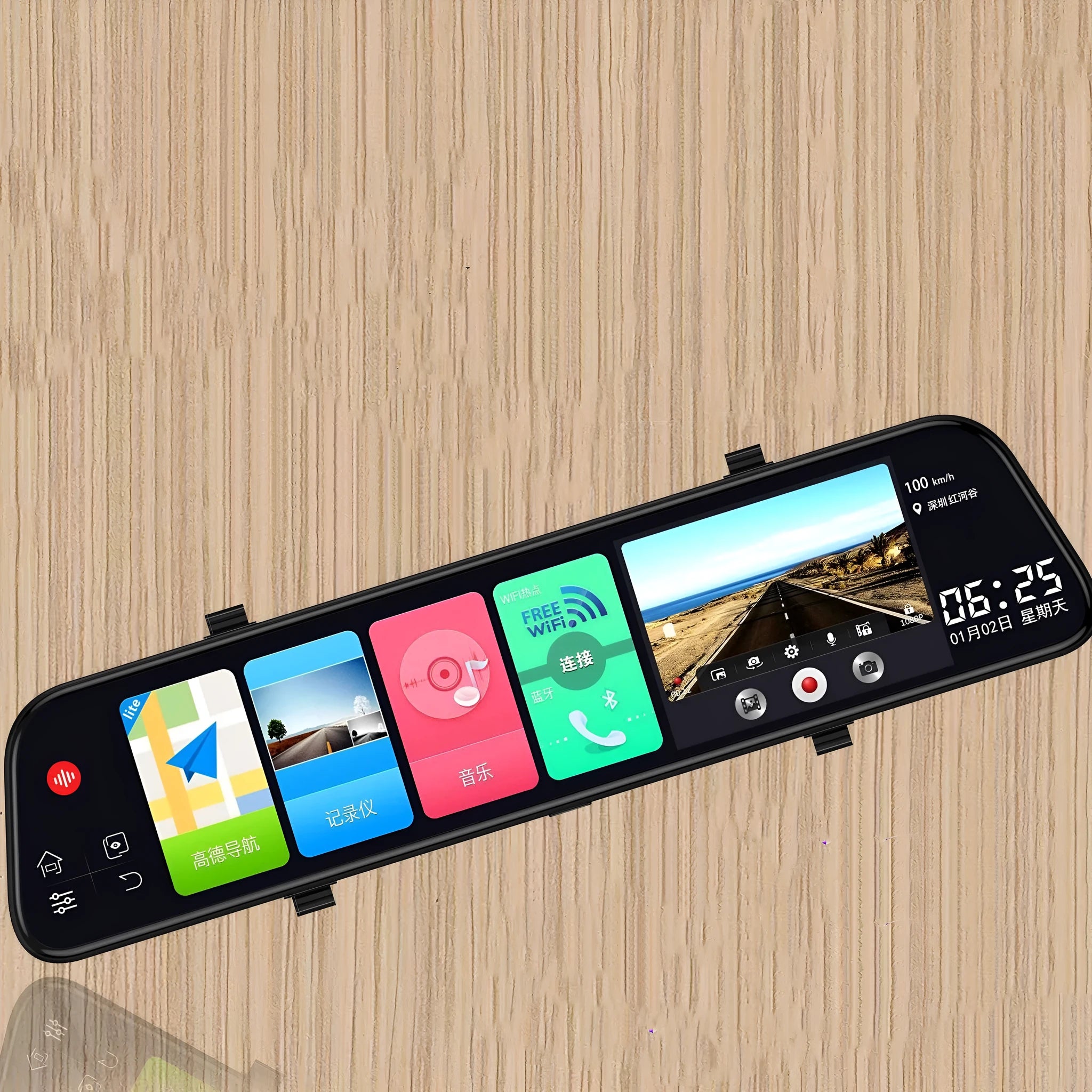 12-inch touchscreen rearview mirror tachograph with dual camera lenses for car recording and GPS navigation