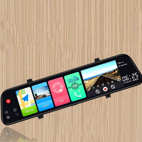 12-inch touchscreen rearview mirror tachograph with dual camera lenses for car recording and GPS navigation
