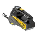 Black 12V portable digital tyre inflator with LED light and digital display, shown with its power cord and inflation hose.