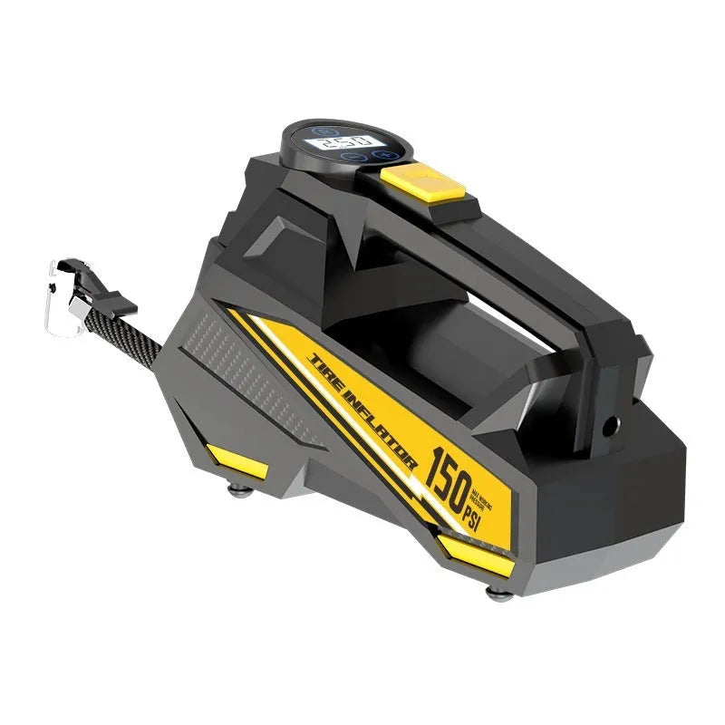 Black 12V portable digital tyre inflator with LED light and digital display, shown with its power cord and inflation hose.