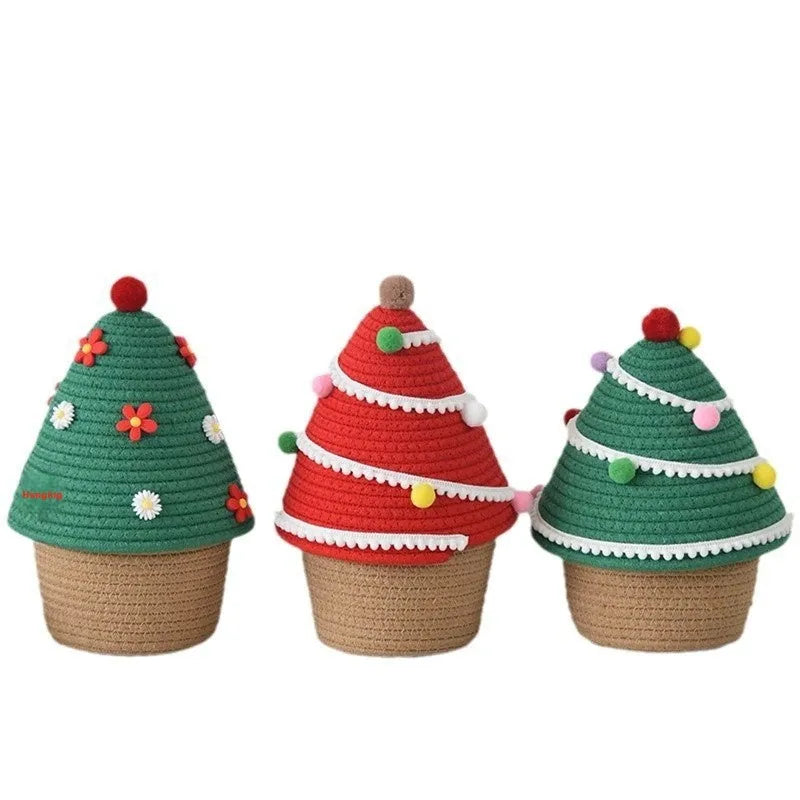 Cotton thread Christmas storage basket for small items, available in green and red colour options