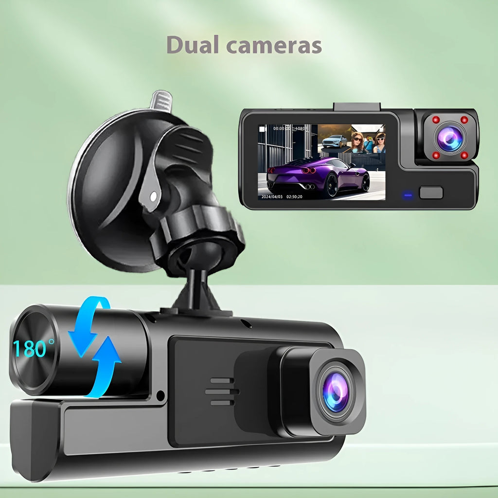 Black front and rear Wi-Fi car dash cam with 2.0 inch screen mounted on windscreen, showing rear camera feed.