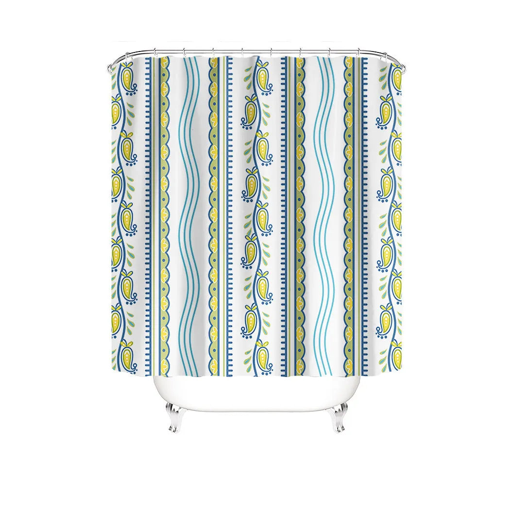 Printed polyester shower curtain and anti-slip mat set in 25 colours, with sizes from 90cm x 180cm to 180cm x 200cm