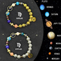 Set of twelve natural stone beaded bracelets, each with a different zodiac sign charm or design.
