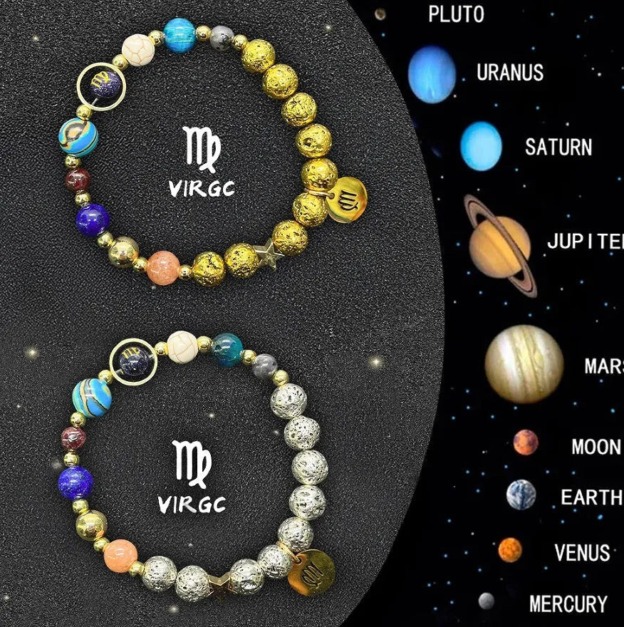 Set of twelve natural stone beaded bracelets, each with a different zodiac sign charm or design.