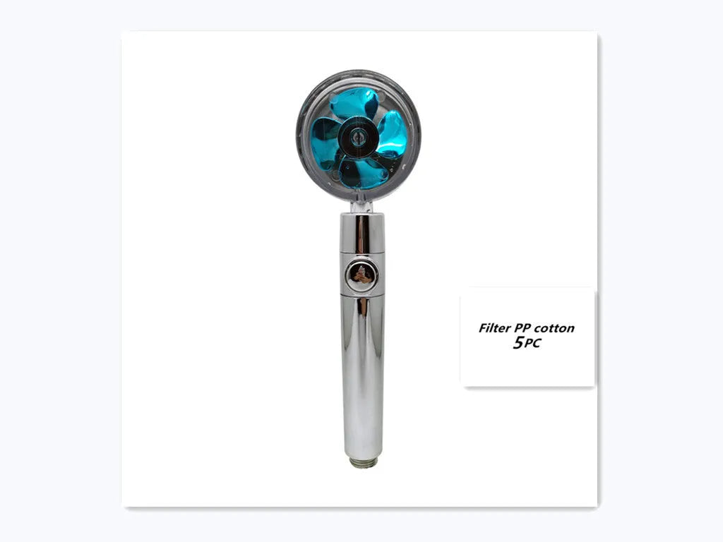 Blue handheld shower head with stop button and turbo nozzle on a chrome bracket.
