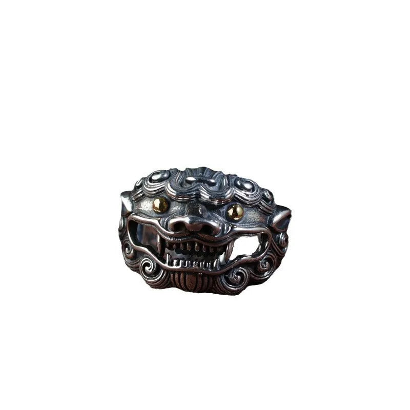 Silver open ring with Jibeast pattern and animal zodiac modelling diamond detail