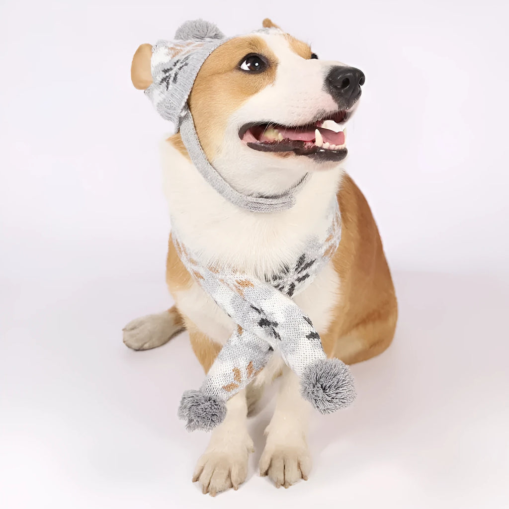 Japanese-style retro jacquard pet sweater hat and scarf set in grey and pink colour options