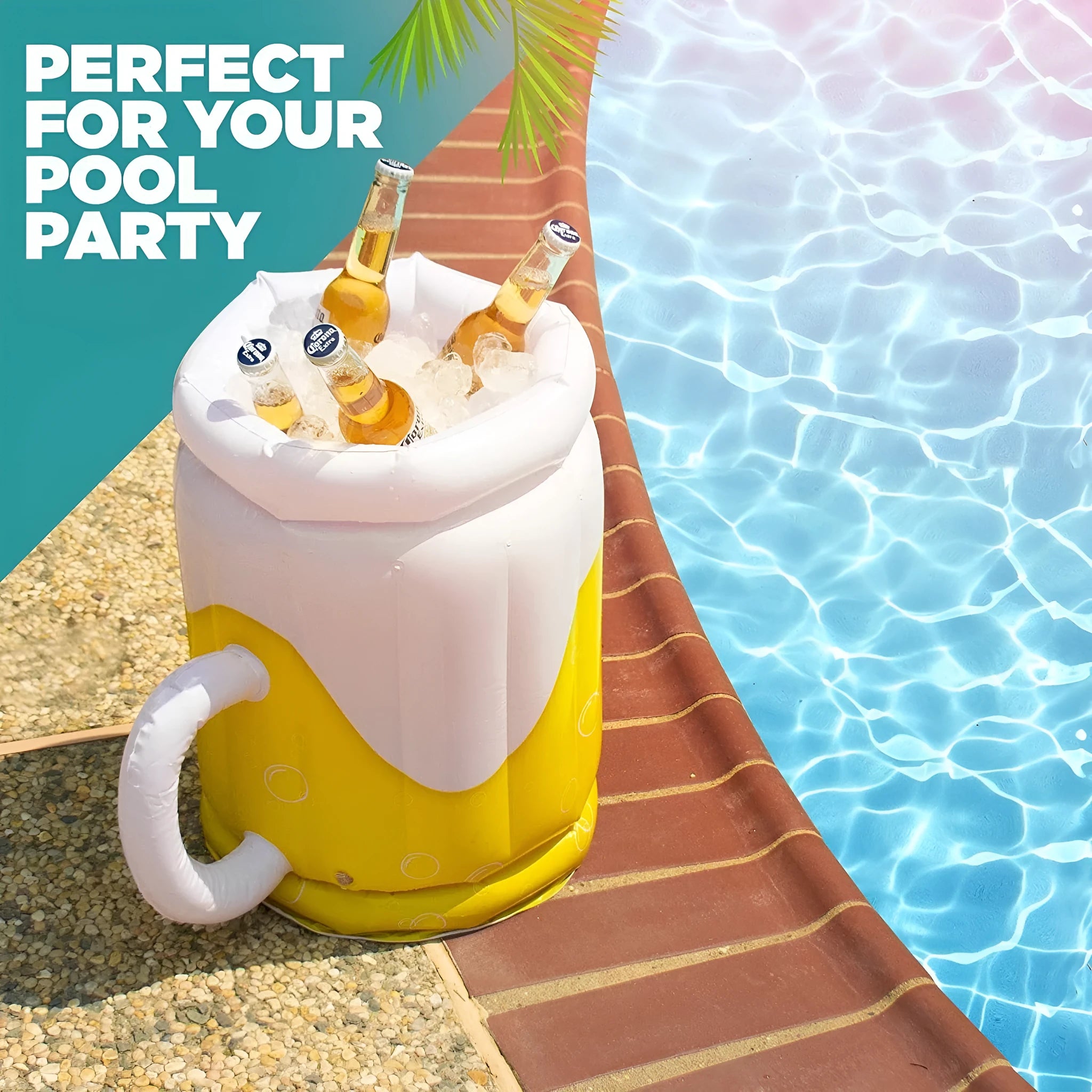 Large yellow inflatable beer mug cooler floating in pool with drinks