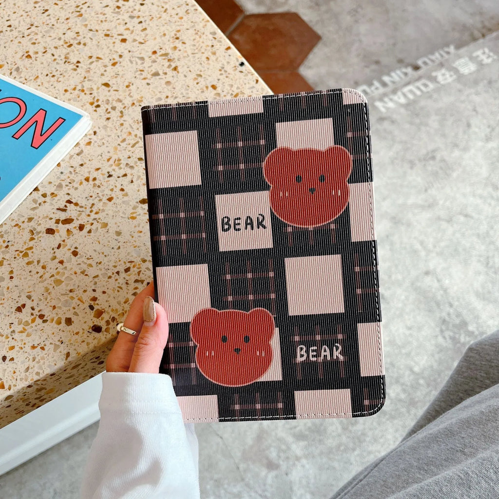 Cartoon plaid bear silicone TPU flip case for iPad in blue rhombus pattern