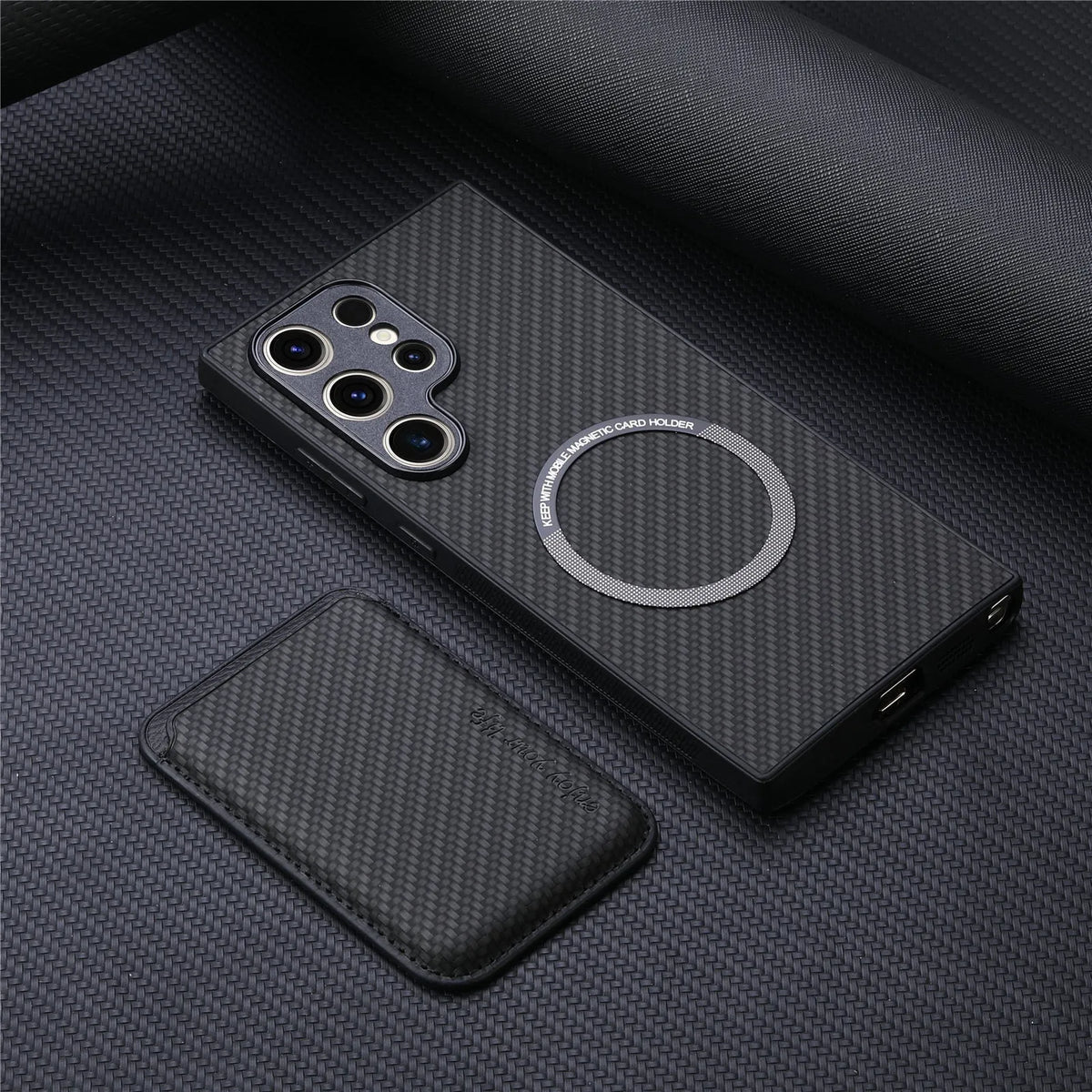 Leather phone case with built-in suction Magsafe card holder for Samsung, available in black, green, and brown.