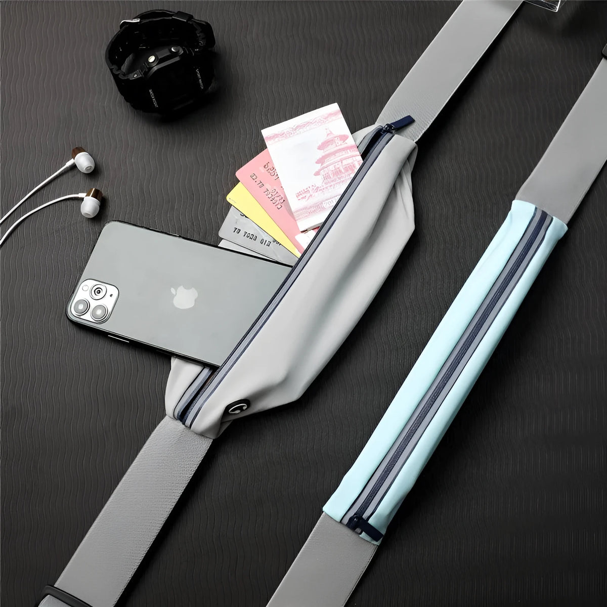 Waterproof nylon outdoor sports waist bag in black worn by runner, ultra-thin design