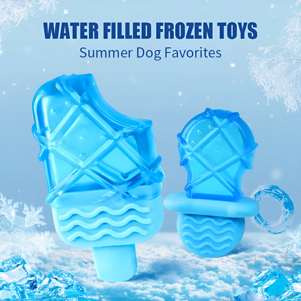 Blue and pink dog cooling toy set with water-filled pacifier, popsicle and ring toys