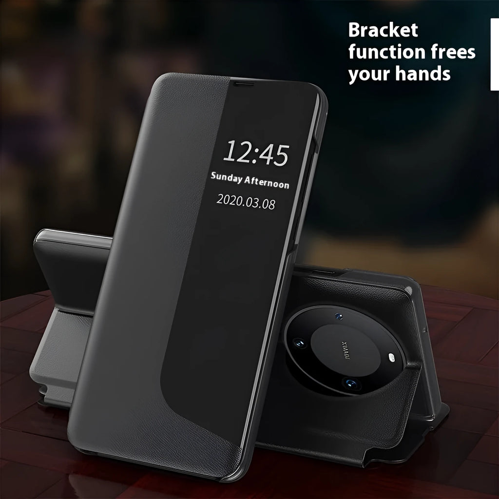 Huawei phone case with magnetic side window, flip bracket, PC leather, Chinese red colour, for Mate 60