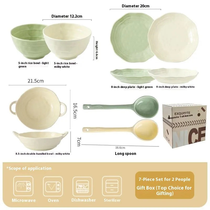 Solid colour ceramic dinnerware set with plates and bowls in modern Japanese minimalist style.