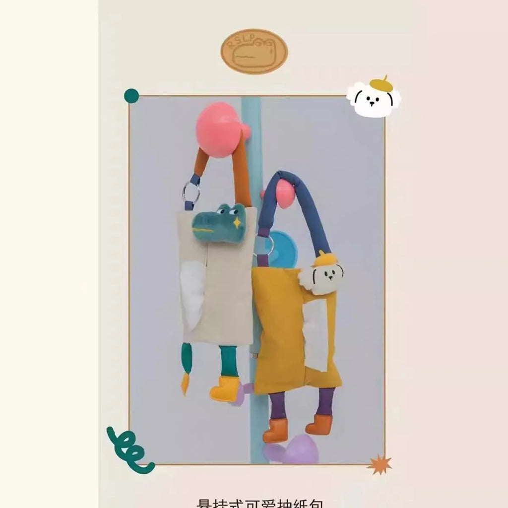 Hanging plush car tissue bag measuring 25cm by 19cm in baby crocodile or hat dog design