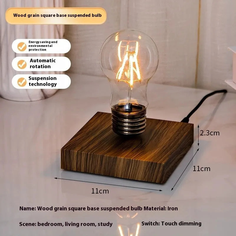 Iron art suspension bulb night lamp on a square wooden base for desktop decoration.