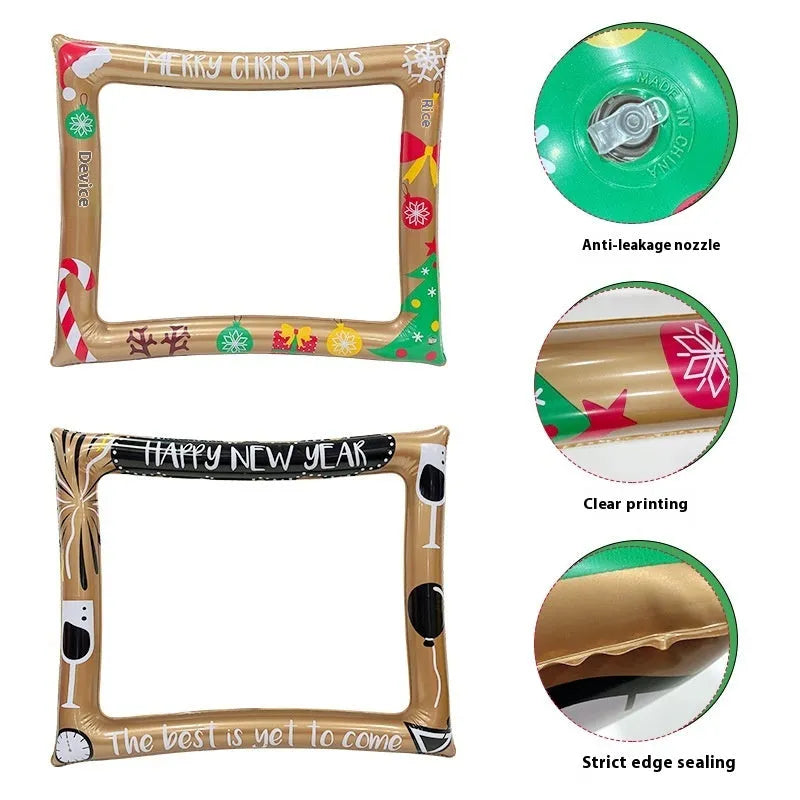 Large red and green Christmas inflatable photo frame prop on white background