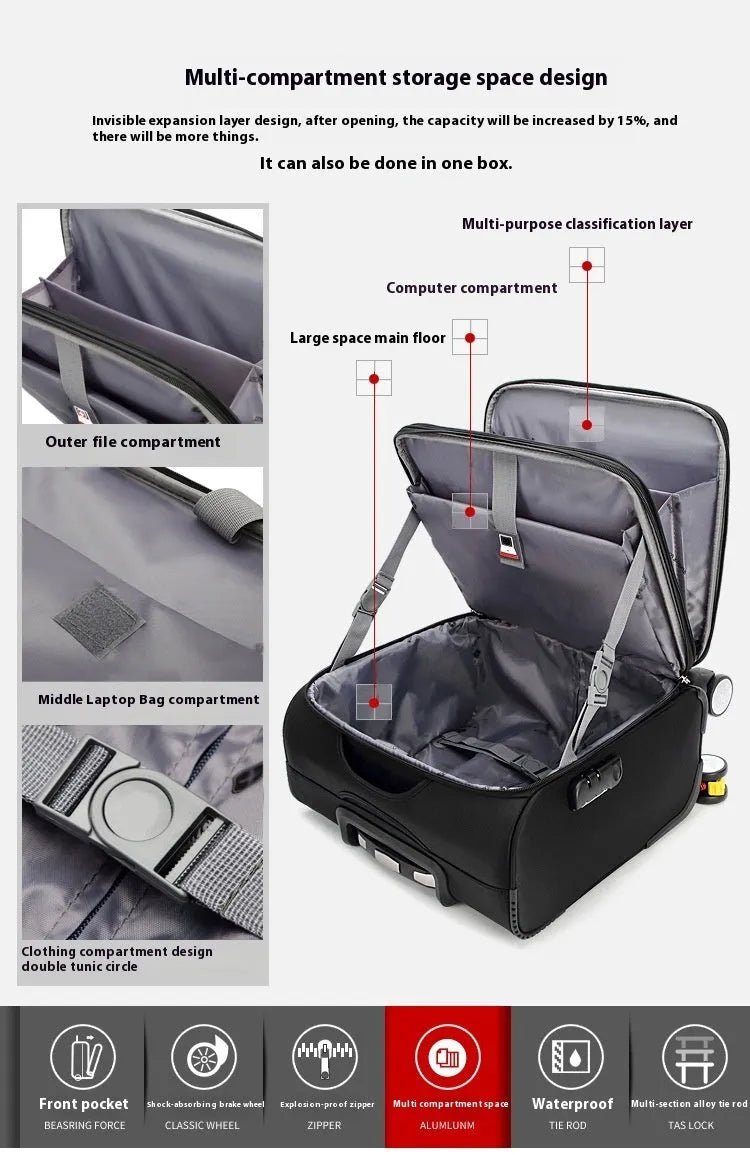 Black 18-inch Oxford cloth carry-on spinner suitcase with telescopic handle on airport carpet.