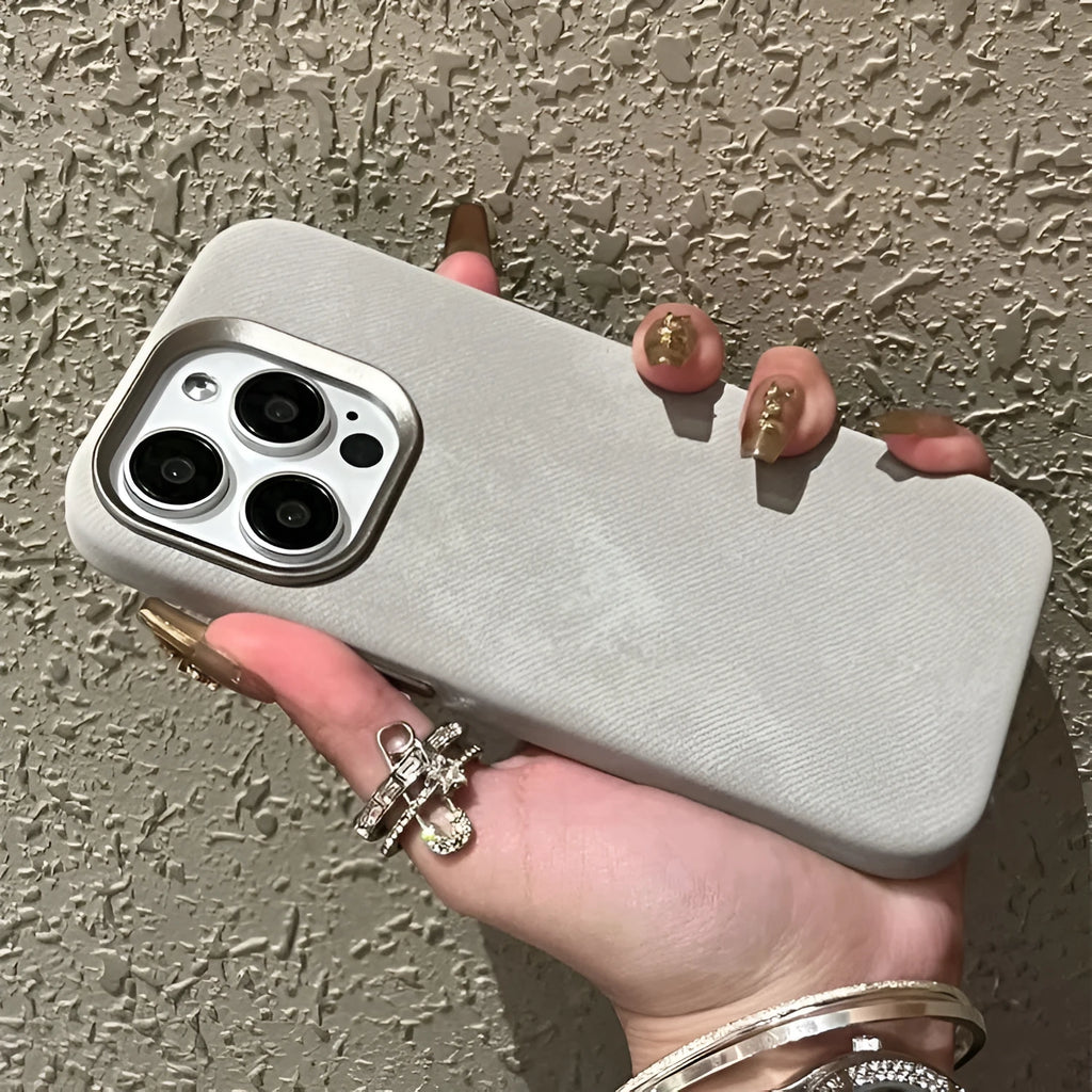 Magnetic leather flannel hard case for iPhone in silver grey colour showing velvet texture