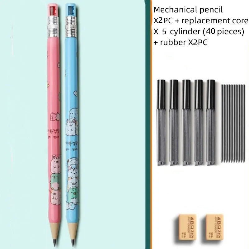 Children's mechanical pencils with cartoon designs showing 2.0 mm lead thickness for school writing