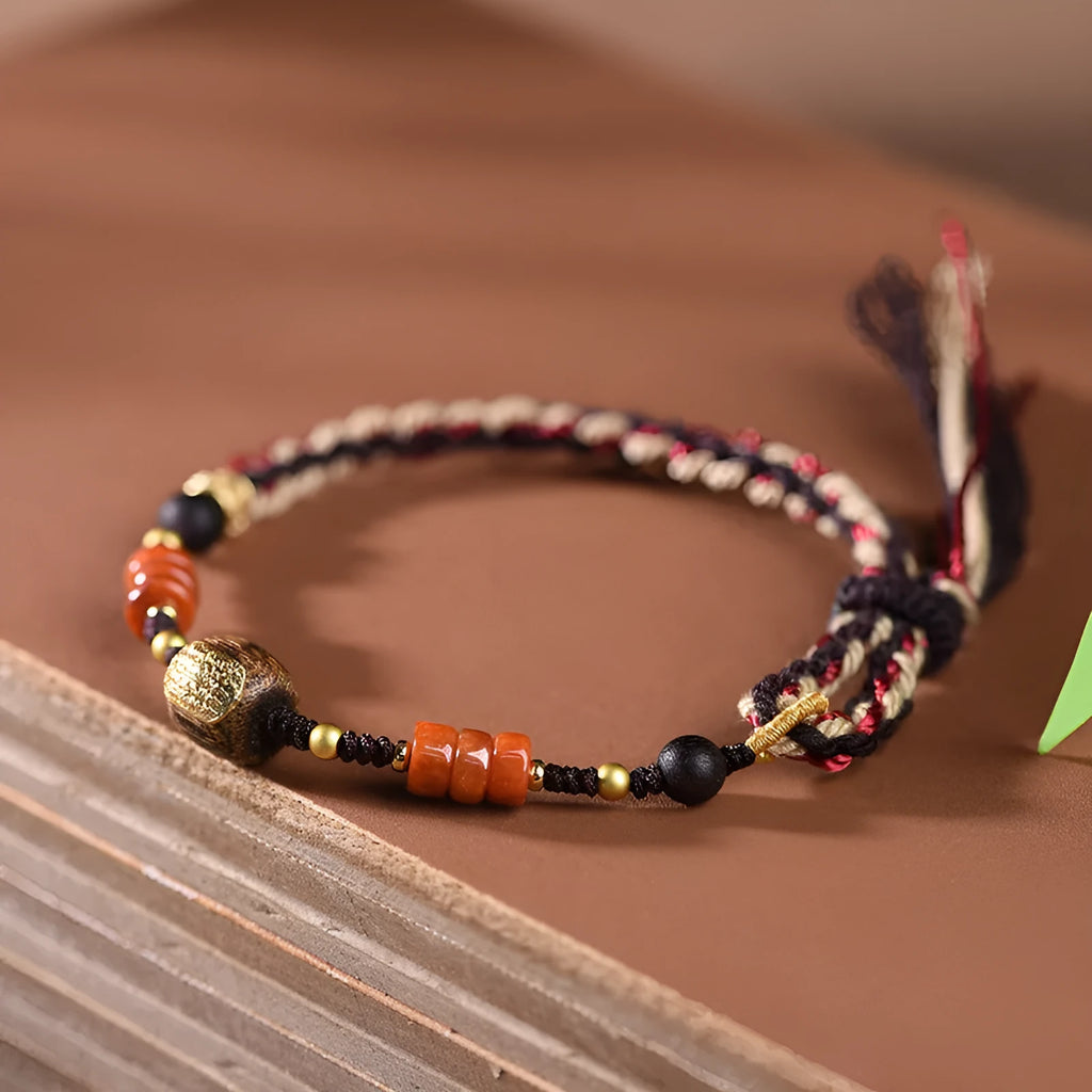 Hand-woven flexible wire watch band in ethnic style, showing Lapis Lazuli and Hongfei Ebony colour options.