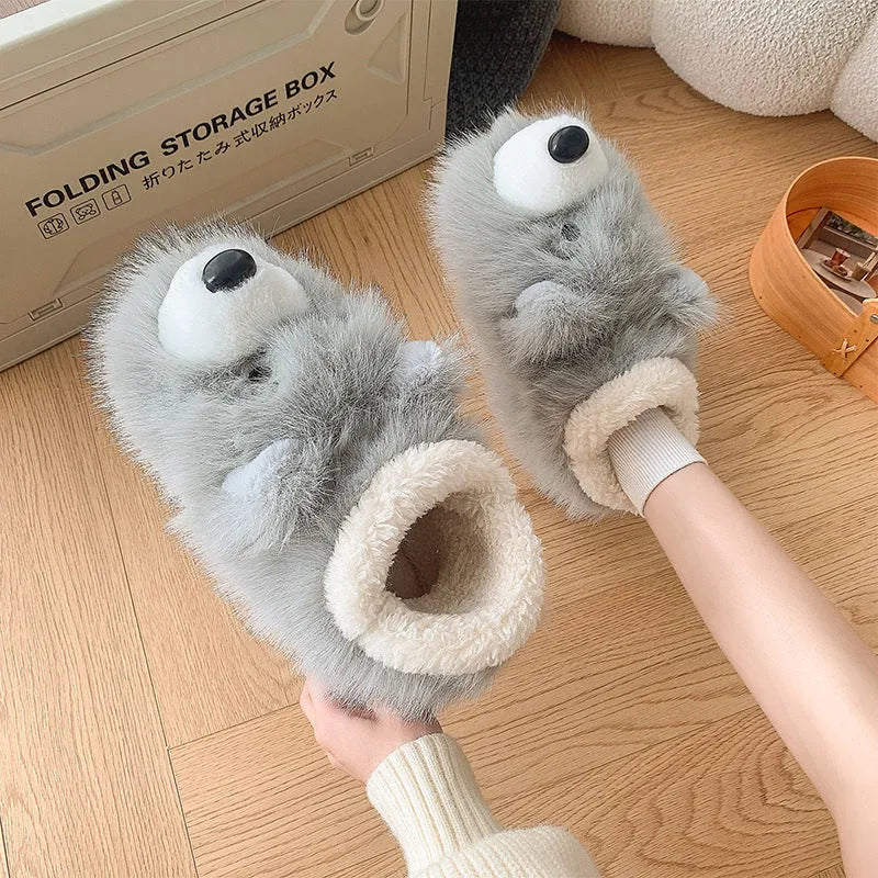Grey and white ankle wrap cotton slippers with plush upper and artificial wool lining