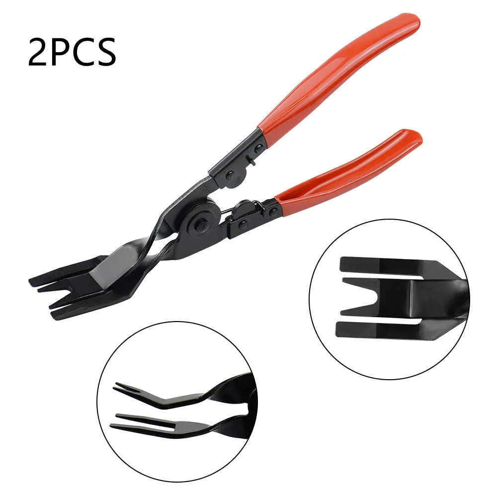Red-handled steel clip driver tool for General Motors vehicle door panel fasteners.