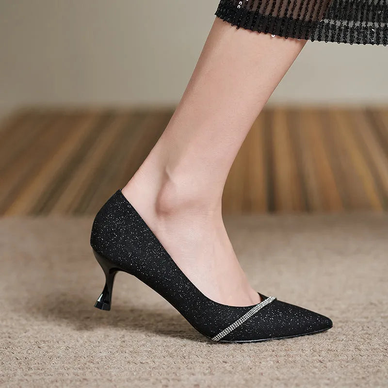 Black French style women's high heels with sequined upper and 7cm stiletto heel