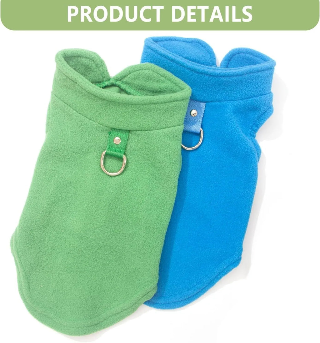 Two warm fleece dog sweaters with D-ring for leash attachment, suitable for small breeds in autumn and winter