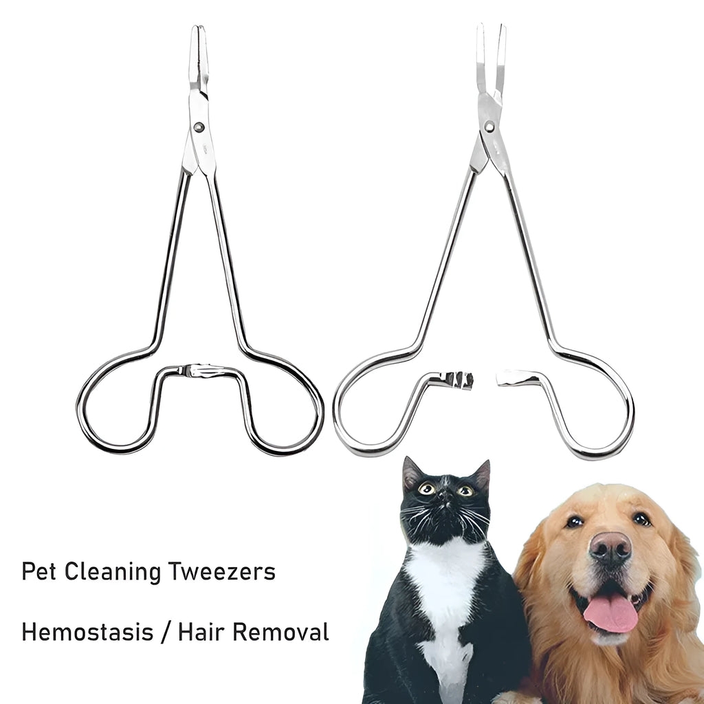 Silver stainless steel pet ear cleaning tweezers with anti-slip handle on a white background.