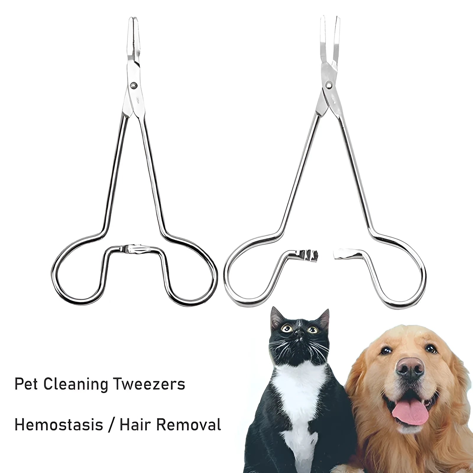 Silver stainless steel pet ear cleaning tweezers with anti-slip handle on a white background.