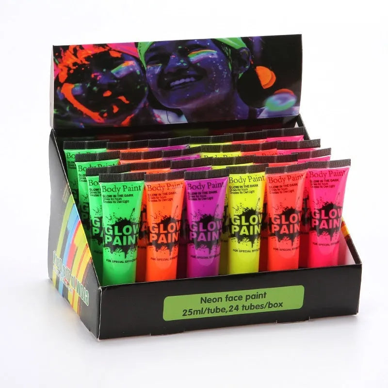25ml tube of neon gouache face and body paint in a vibrant colour, labelled as safe and non-toxic.